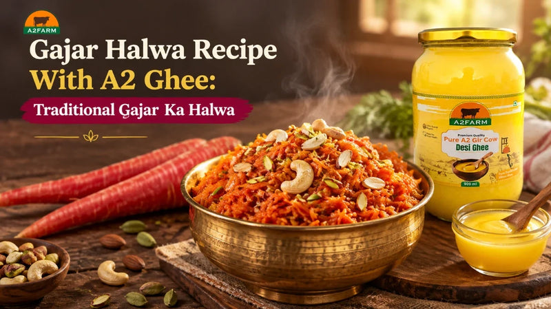 Gajar halwa recipe with A2 ghee: bowl of traditional gajar ka halwa with nuts next to a jar of A2 Gir Cow Desi Ghee