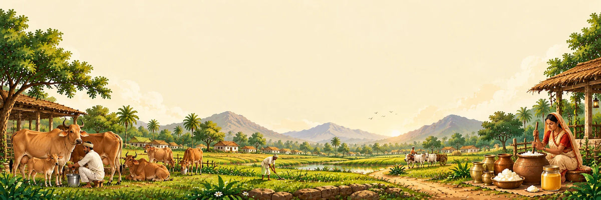 Village dairy farm illustration with cows, milking and bilona churning